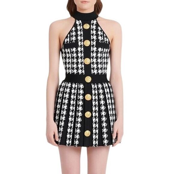 BALMAIN Women's Sleeveless Houndstooth Halterneck Mini Dress Size 46/ US 14 - Picture 2 of 15